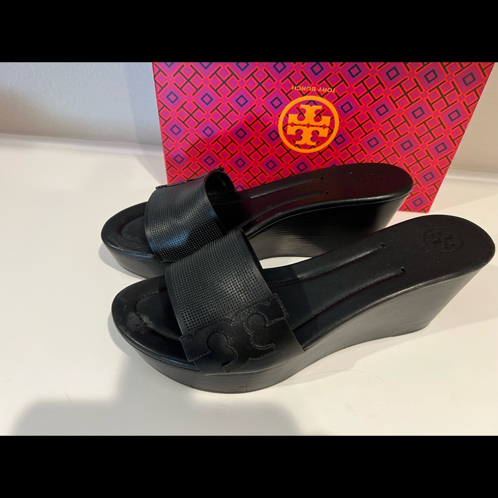 Tory Burch Mikael leather wedge sandals black sz11